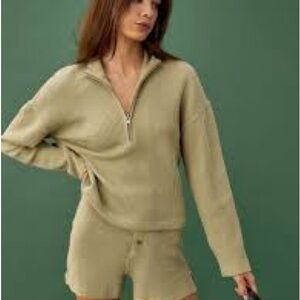 Reformation Yale Waffle Knit Sweater Top Quarter Zip Shirt Jacket Sage Green